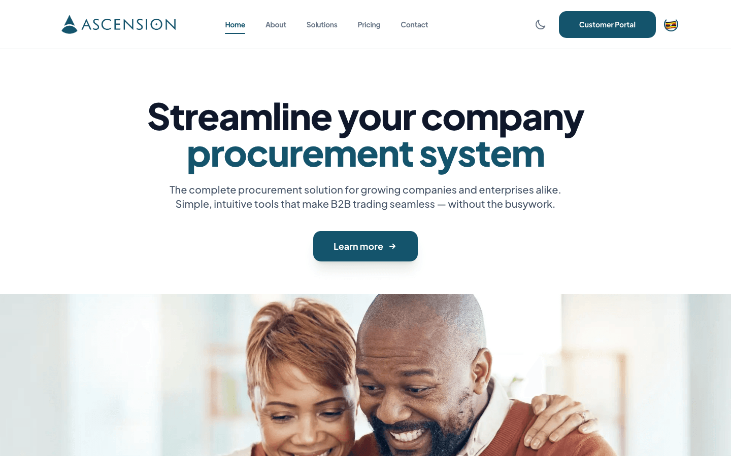 Ascension home page: 'Streamline your company procurement system'
